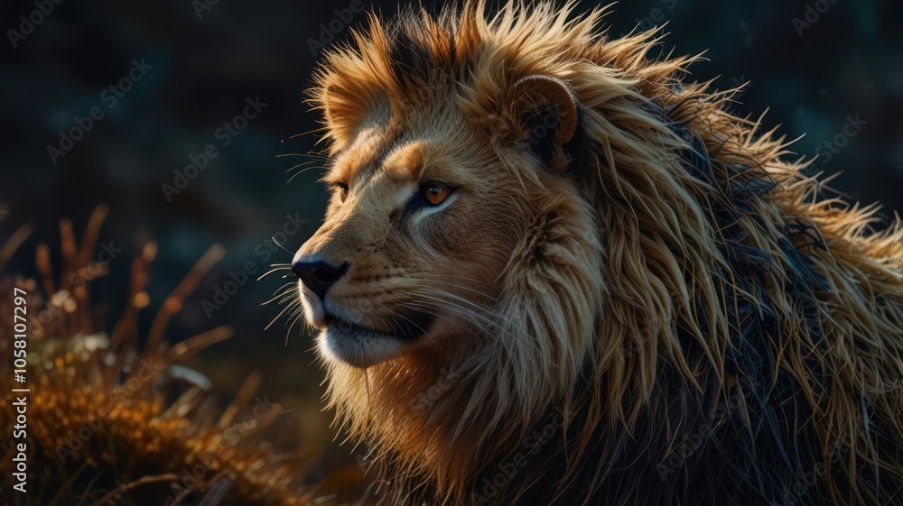 Fototapeta premium a lion, its golden mane flowing in the wind. The lion's sharp eyes and strong body convey a sense of power and authority, highlighting its intricate details and creating a sense of depth and texture.