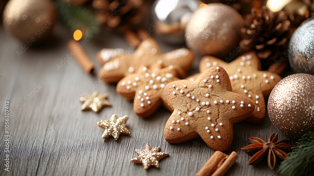 Festive gingerbread cookies in cheerful shapes, perfect for Christmas celebrations or holiday baking events, highlighted by shiny ornaments and cozy atmosphere. Festive gingerbread cookies in cheerful shapes, perfect for Christmas celebrations or holiday baking events, highlighted by shiny ornaments and cozy atmosphere.