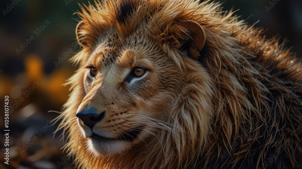 Fototapeta premium a lion, its golden mane flowing in the wind. The lion's sharp eyes and strong body convey a sense of power and authority, highlighting its intricate details and creating a sense of depth and texture.