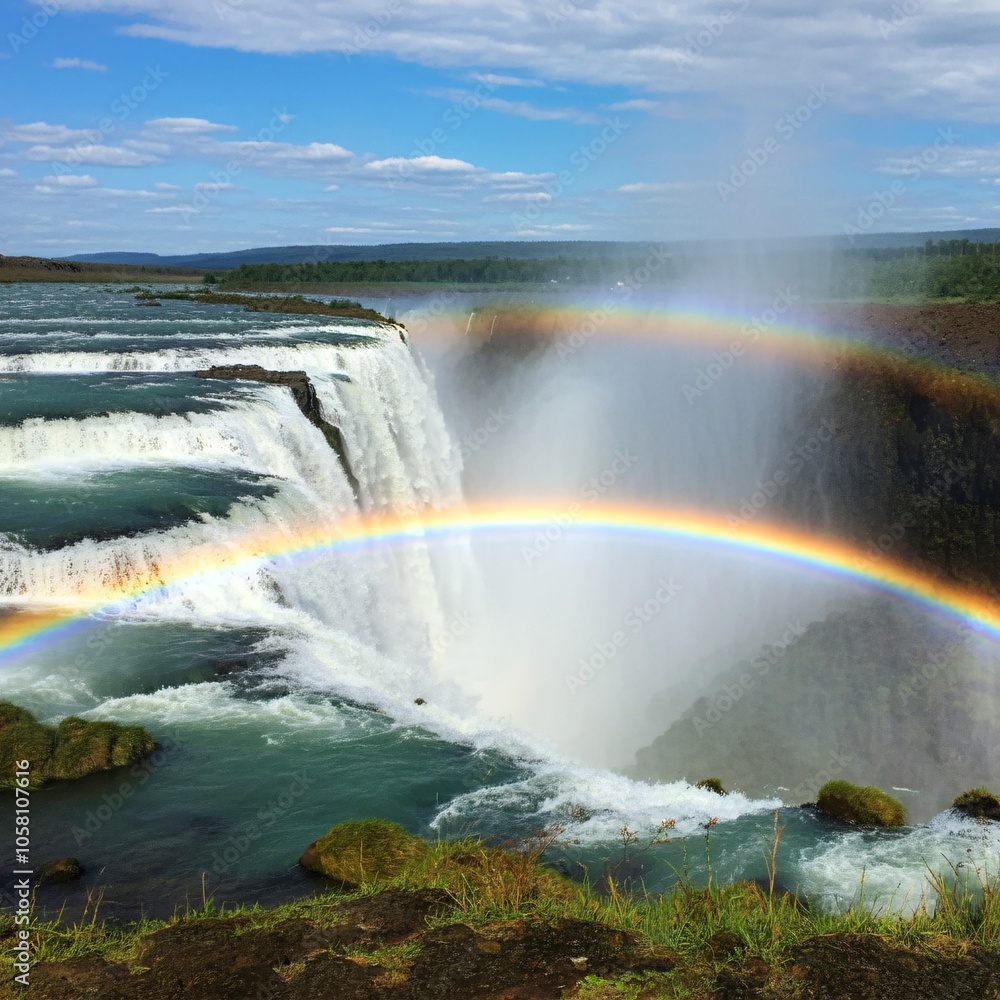 Majestic waterfall with a double rainbow arching across the mist Majestic waterfall with a double rainbow arching across the mist