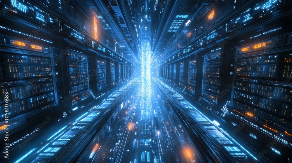 Futuristic Cityscape with Neon Lights and Data Streams - 3D Illustration. Futuristic Cityscape with Neon Lights and Data Streams - 3D Illustration.