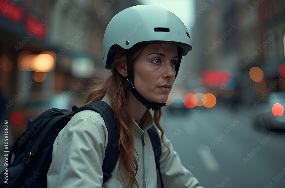 close-up portrait of a red-haired woman on a bicycle crossing the road. Sustainable lifestyle concept close-up portrait of a red-haired woman on a bicycle crossing the road. Sustainable lifestyle concept