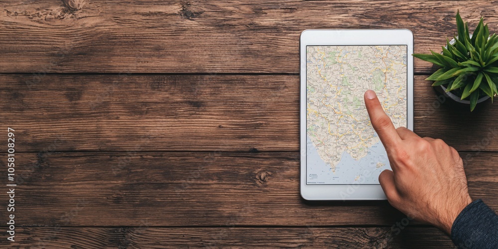 A hand pointing at a digital device displaying a map, placed on a wooden surface beside a small green plant. A hand pointing at a digital device displaying a map, placed on a wooden surface beside a small green plant.
