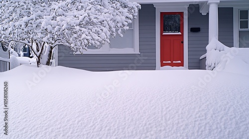 A charming gray craftsman house features a vibrant red door, set against a thick layer of snow in Long Island, New York during winter photo