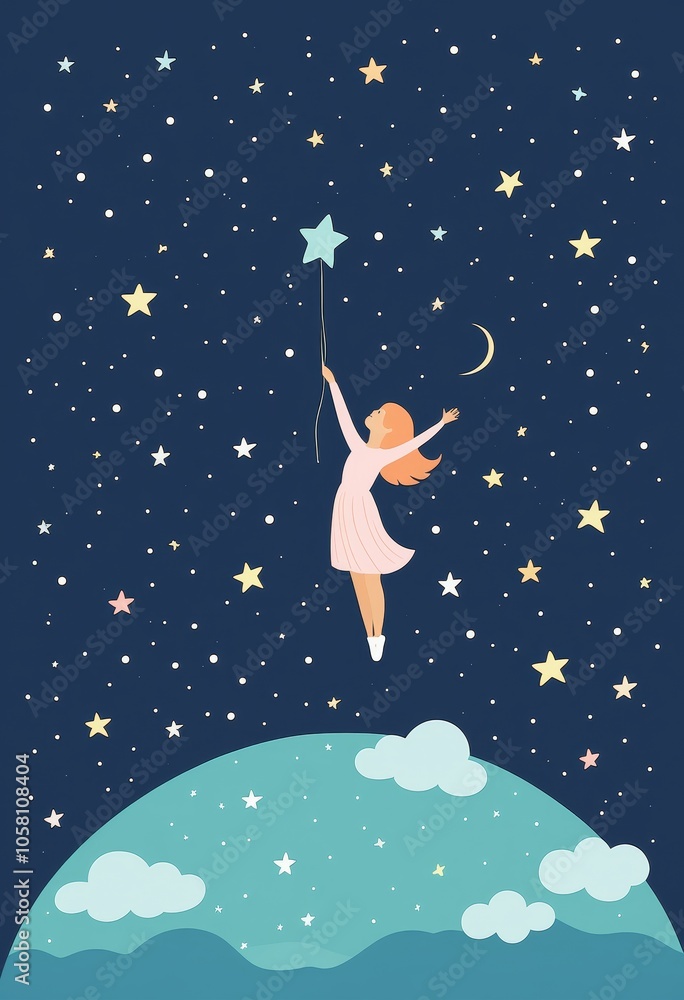 Girl reaching for star balloon under night sky filled with stars and crescent moon Girl reaching for star balloon under night sky filled with stars and crescent moon