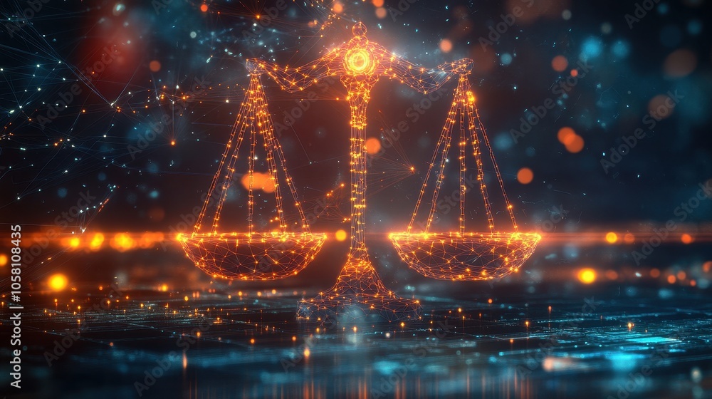 Digital Abstract Scales of Justice with Glowing Lights and Bokeh Effect. Digital Abstract Scales of Justice with Glowing Lights and Bokeh Effect.