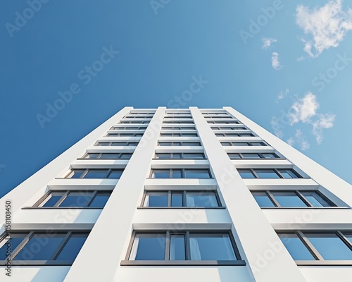 Low angle view of a tall white building with windows against a clear blue sky.