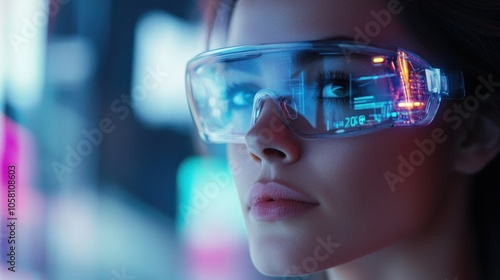 Young Woman Programmer with transparent smart glasses virtual futuristic technology