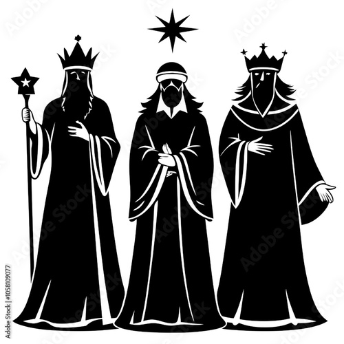 Three Wise Men Silhouette: A striking black and white silhouette depicting the Three Wise Men, each adorned with a crown and holding a star, symbolizing faith and guidance.