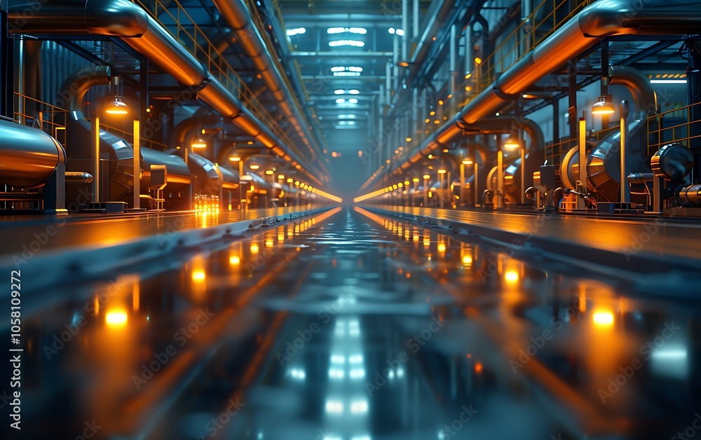 A dimly lit industrial corridor featuring rows of glowing machinery and reflective floors, creating a futuristic atmosphere. A dimly lit industrial corridor featuring rows of glowing machinery and reflective floors, creating a futuristic atmosphere.