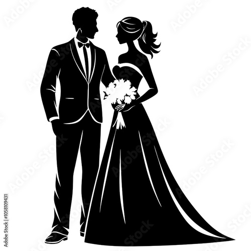 Elegant Bridal Silhouette: A timeless black and white silhouette of a bride and groom, symbolizing love, commitment, and the elegance of a wedding day.  Perfect for invitations, announcements.