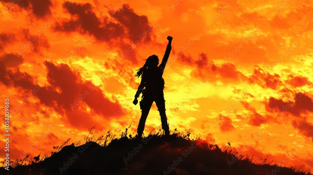Silhouette of a Woman Raising Her Fist in Victory Against a Fiery Sunset Sky Silhouette of a Woman Raising Her Fist in Victory Against a Fiery Sunset Sky