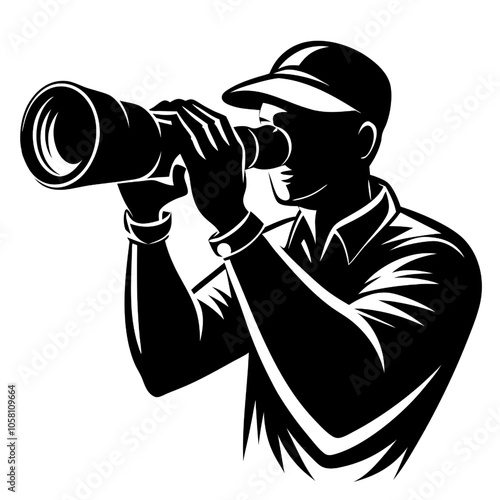 Focused Vision: A silhouette of a man looking through binoculars, symbolizing focus, exploration, and the pursuit of a clear vision.  