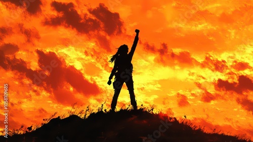 Wallpaper Mural Silhouette of a Woman Raising Her Fist in Victory Against a Fiery Sunset Sky Torontodigital.ca