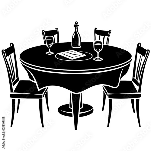 Dining Table Silhouette: A simple yet elegant silhouette of a round dining table with four chairs, featuring a bottle and two glasses, perfect for illustrating concepts of hospitality, togetherness.