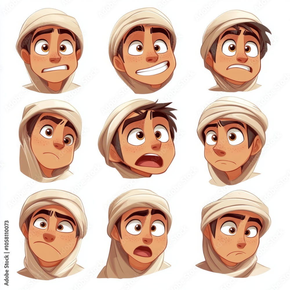 Arabic face Cartoon Character Expressions and Emotions  