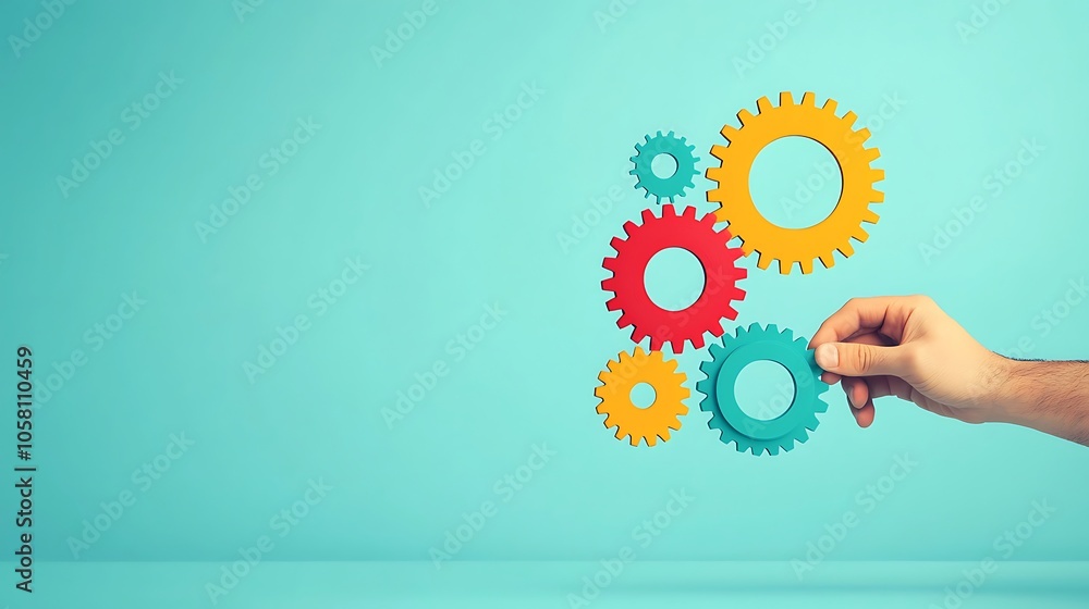 A vibrant display of colorful gears held by a hand against a blue background. This image symbolizes teamwork, innovation, and creativity in design and engineering. A vibrant display of colorful gears held by a hand against a blue background. This image symbolizes teamwork, innovation, and creativity in design and engineering.
