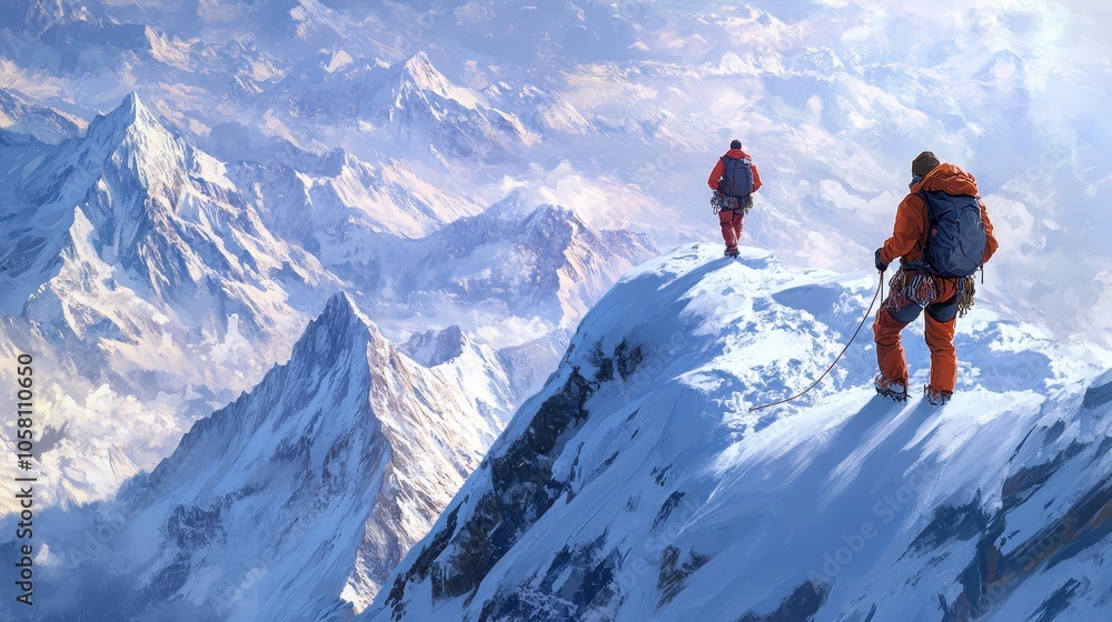 Two Climbers Reaching the Summit of a Snowy Mountain Peak, Achieving Success and Overcoming Challenges. Two Climbers Reaching the Summit of a Snowy Mountain Peak, Achieving Success and Overcoming Challenges.