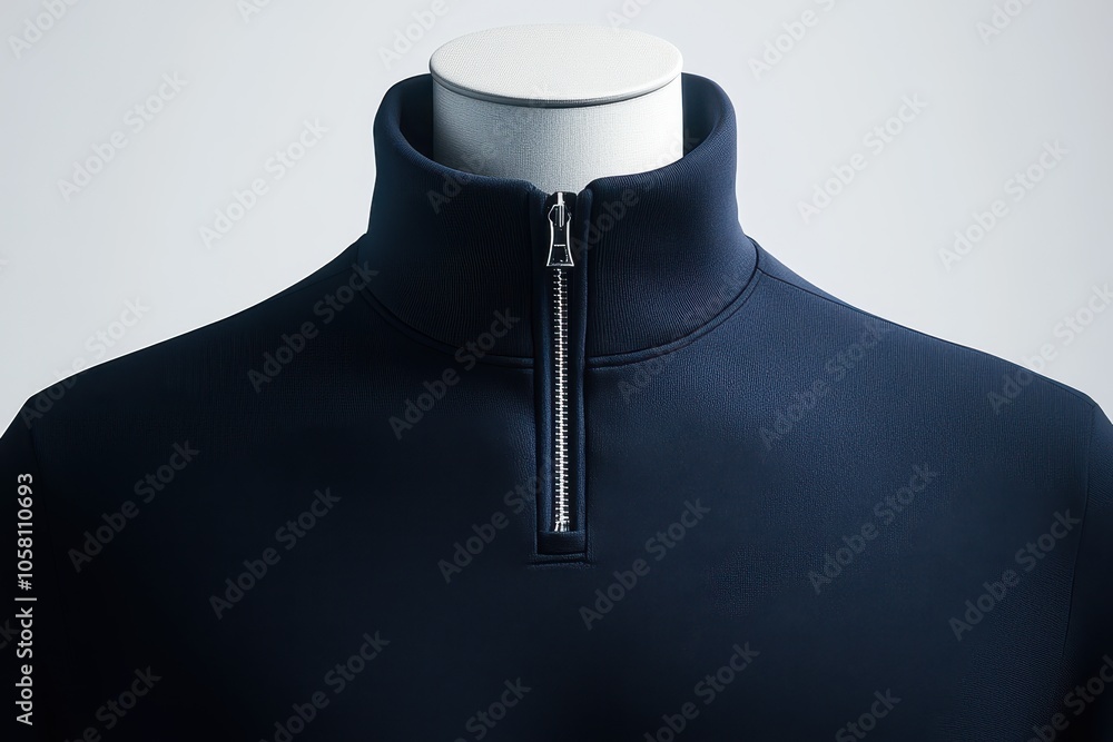 Close-up of a Navy Blue Zippered Sweatshirt Collar on a Mannequin Close-up of a Navy Blue Zippered Sweatshirt Collar on a Mannequin