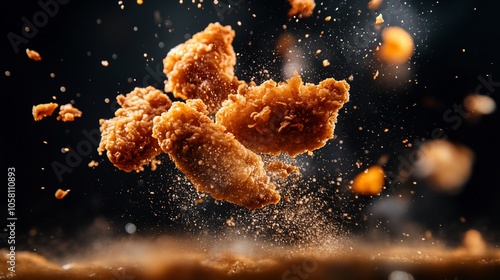 Crispy fried chicken nuggets falling against a black background with crumbs and a sprinkle of oil. photo