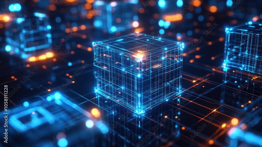 Abstract Digital Network with Glowing Cubes and Lines - Futuristic Technology Background. Abstract Digital Network with Glowing Cubes and Lines - Futuristic Technology Background.