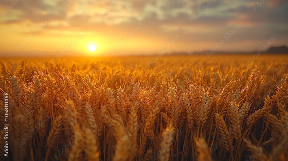Wheat field at sunset with golden sky. Wheat field at sunset with golden sky.
