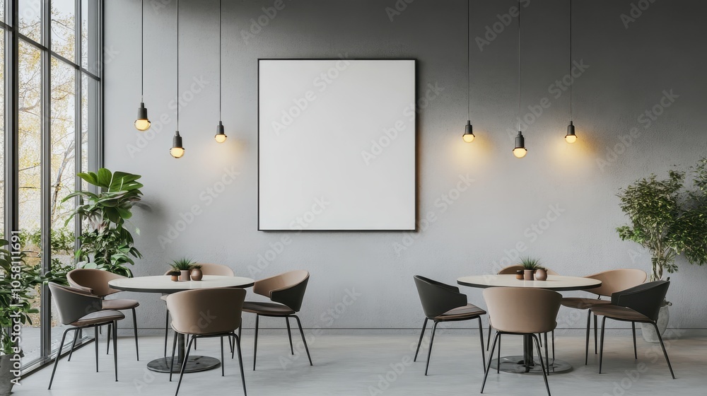 Modern Cafe Interior with Empty Picture Frame and Two Tables Modern Cafe Interior with Empty Picture Frame and Two Tables