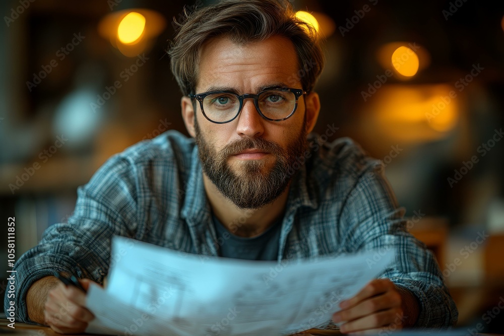 Adult man with beard and glasses reviews architectural plans in cozy cafe setting with warm lighting ambiance Adult man with beard and glasses reviews architectural plans in cozy cafe setting with warm lighting ambiance