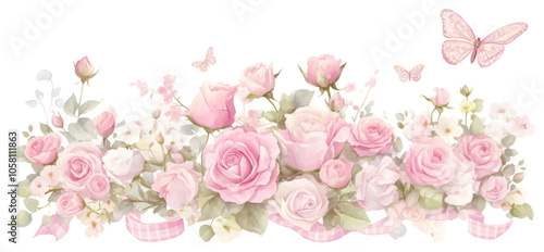 Fototapeta Naklejka Na Ścianę i Meble -  PNG Butterfly border with roses art illustration watercolor.