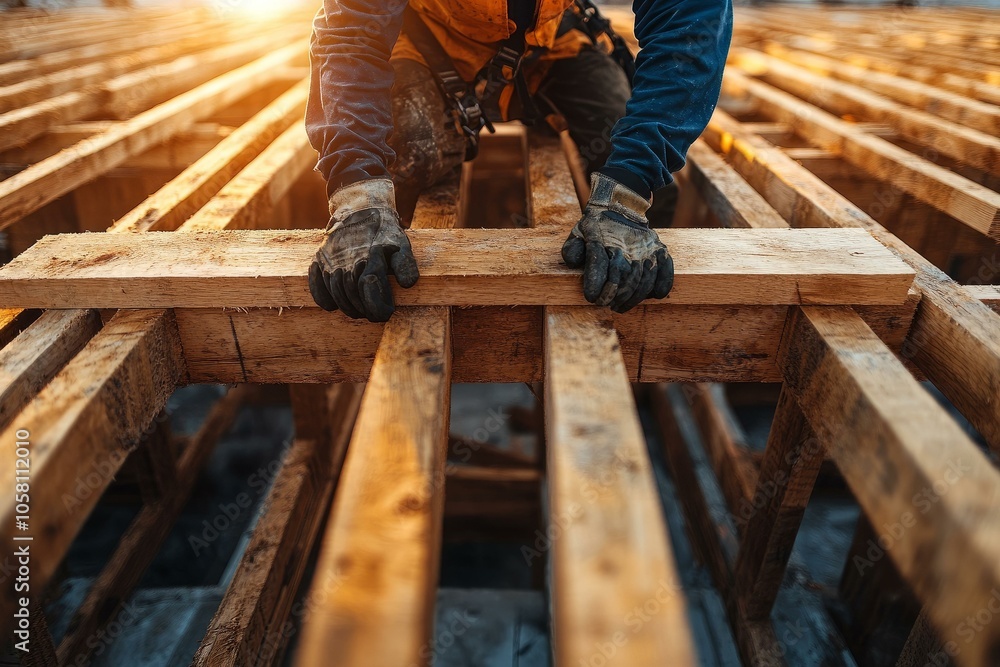Carpenter at work assembling wooden framework on construction site with sunlit background and focus on hands Carpenter at work assembling wooden framework on construction site with sunlit background and focus on hands