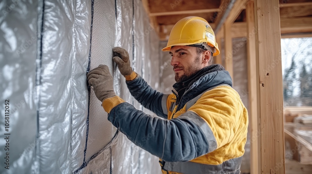Construction Worker Installing Insulation in a New Building for Energy Efficiency and Sustainable Development Construction Worker Installing Insulation in a New Building for Energy Efficiency and Sustainable Development