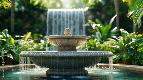 A tranquil fountain surrounded by lush greenery and cascading water, creating a serene atmosphere.