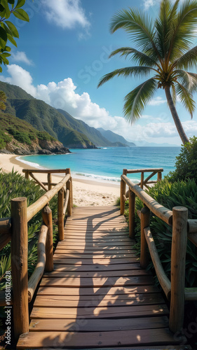 A serene pathway leads to a stunning beach, framed by lush greenery and mountains. This image is perfect for travel brochures, vacation rentals, and tropical getaway promotions