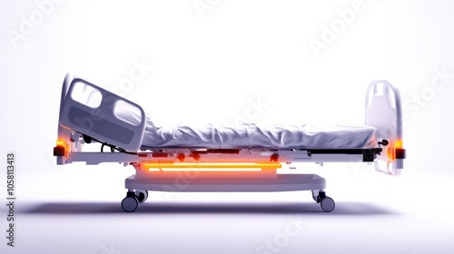 Hospital bed with modern design on a white isolated background.