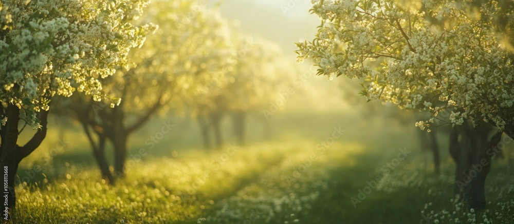 Sunbeams shine through a flowering orchard. Sunbeams shine through a flowering orchard.