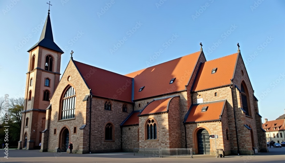Elegant Gothic Revival church with vibrant red roofs Elegant Gothic Revival church with vibrant red roofs