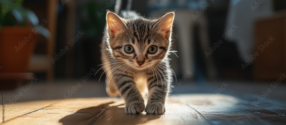 Adorable tabby kitten with green eyes walking towards the camera on a wooden floor in a soft warm light. Adorable tabby kitten with green eyes walking towards the camera on a wooden floor in a soft warm light.