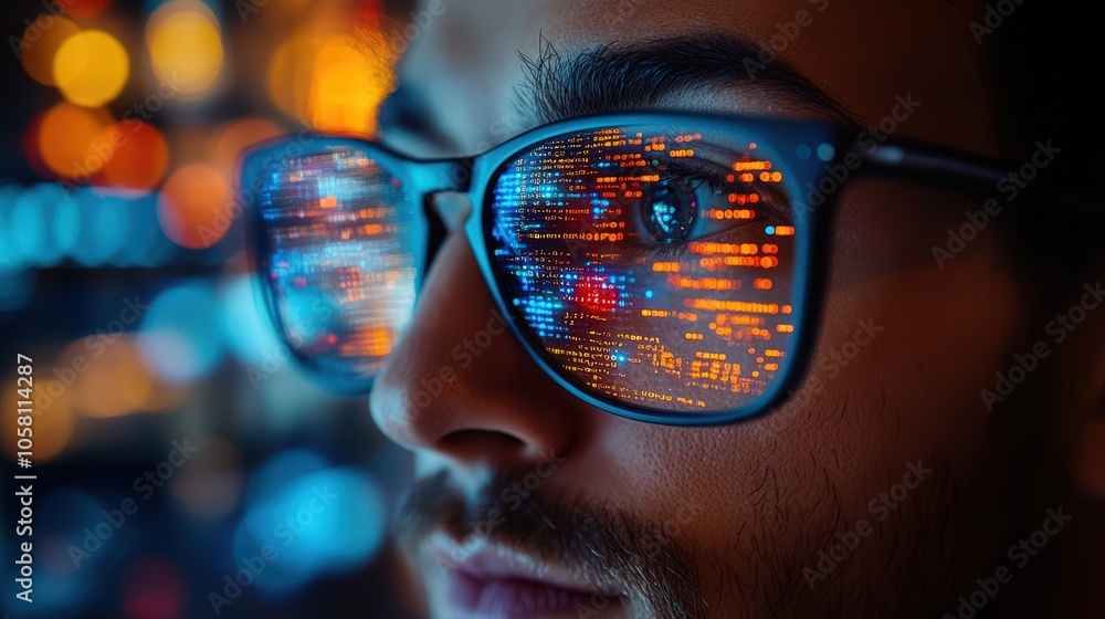 WorkspacCloseup portrait of focused software engineer wearing eyeglasses looking at computer screen working with big datae, data from the screen are reflected on the glasses of a young man, programmer WorkspacCloseup portrait of focused software engineer wearing eyeglasses looking at computer screen working with big datae, data from the screen are reflected on the glasses of a young man, programmer