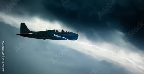 A singleengine airplane flies through a stormy sky, with dark clouds and a hint of light breaking through. The plane is flying over mountains, partially obscured by clouds photo