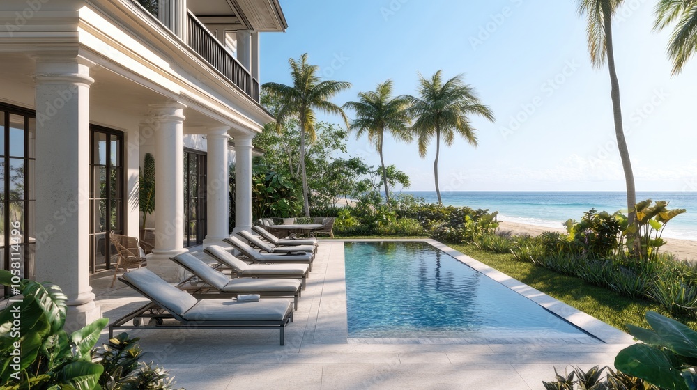 Fototapeta premium Coastal Luxury Villa with Pool and Palm Trees
