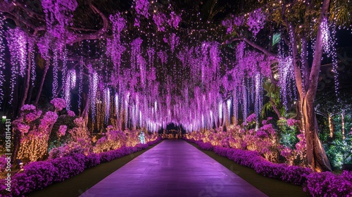 Enchanted Purple Flower Pathway at Night