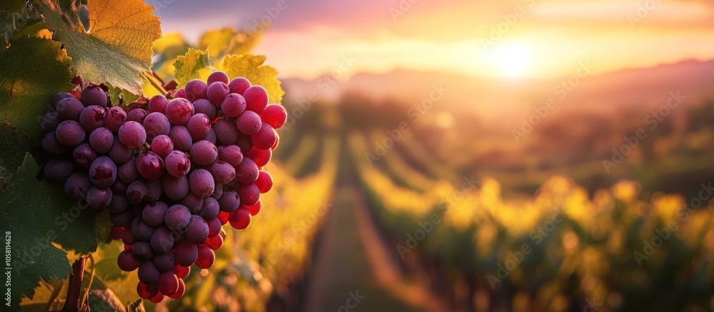 Fototapeta premium A close-up of a bunch of ripe red grapes hanging from a vine in a vineyard with a sunset in the background.