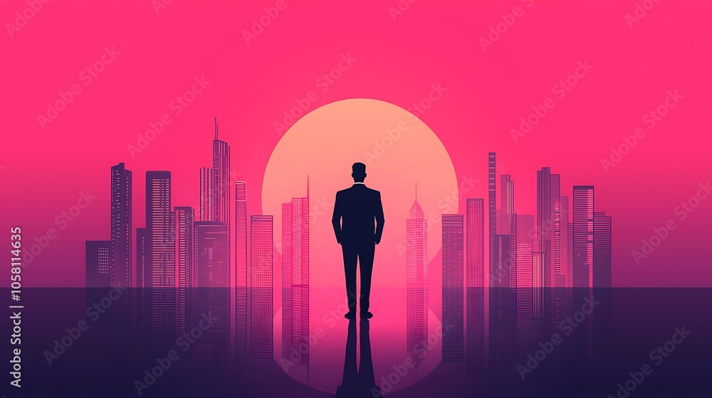 A striking silhouette of a businessman stands against a vibrant cityscape at sunset, symbolizing ambition, hope, and the journey towards success. A striking silhouette of a businessman stands against a vibrant cityscape at sunset, symbolizing ambition, hope, and the journey towards success.