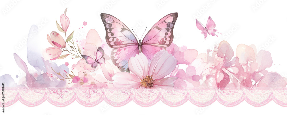 Fototapeta premium PNG Black butterflies with pink and white lace illustration watercolor butterfly.