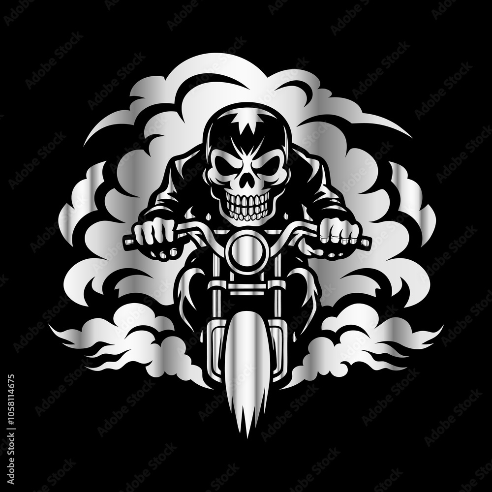 Road Reaper: Timeless Skull Biker Vector Illustration, Classic and Bold Motorcycle Art
