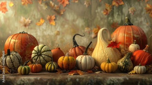 Pumpkins and gourds displayed on a table photo