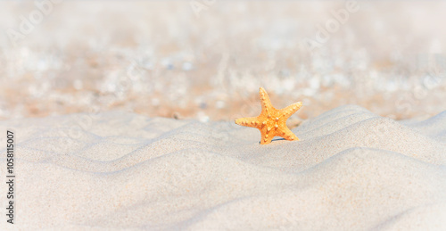 Obraz na płótnie Close-up view of a beach with starfish on the sand under the hot sun, selective focus. Beach holiday concept, background with copy space for text w salonie