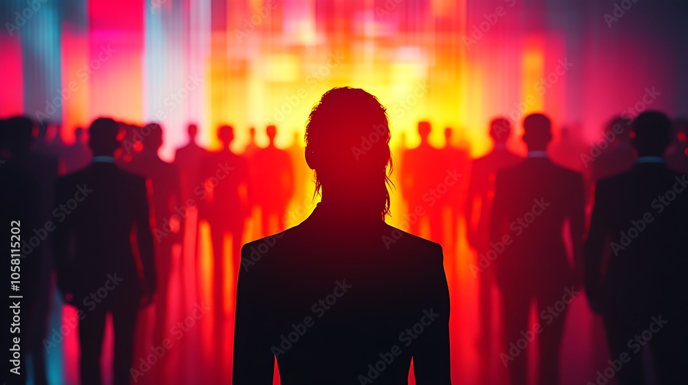 A mysterious gathering silhouettes in a neon-hued realm A mysterious gathering silhouettes in a neon-hued realm