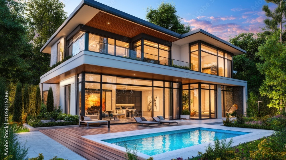 Modern 3D Render of House Exterior with Pool Modern 3D Render of House Exterior with Pool