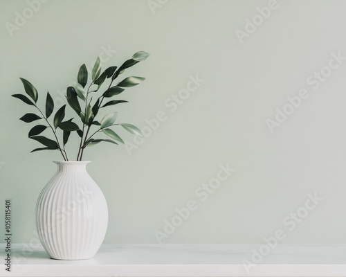 Minimalist interior design with a white vase and green leaves against a pale green wall.